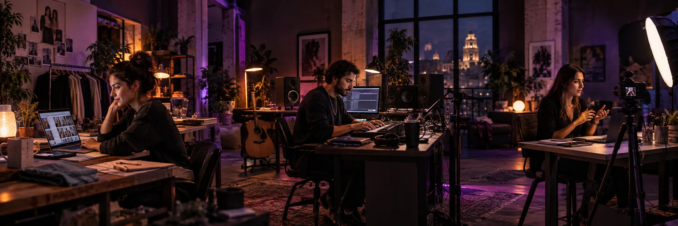 Profesionales de negocio, música y marca personal preparando contenido